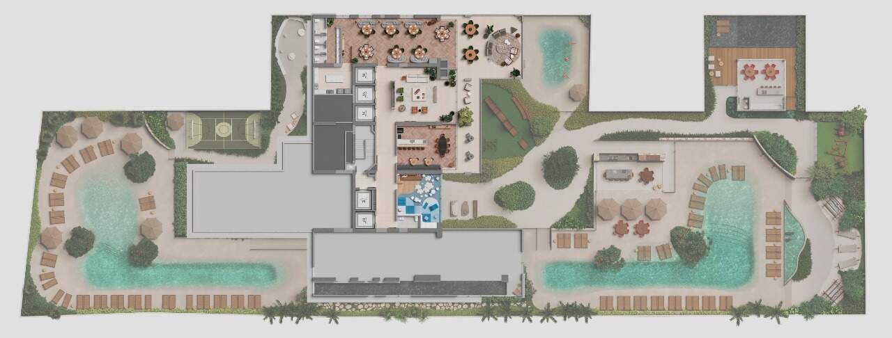 Apartamento diferenciado à venda no Centro: Implantação do lazer do Marena, com piscinas, quadra, parquinho e jardins