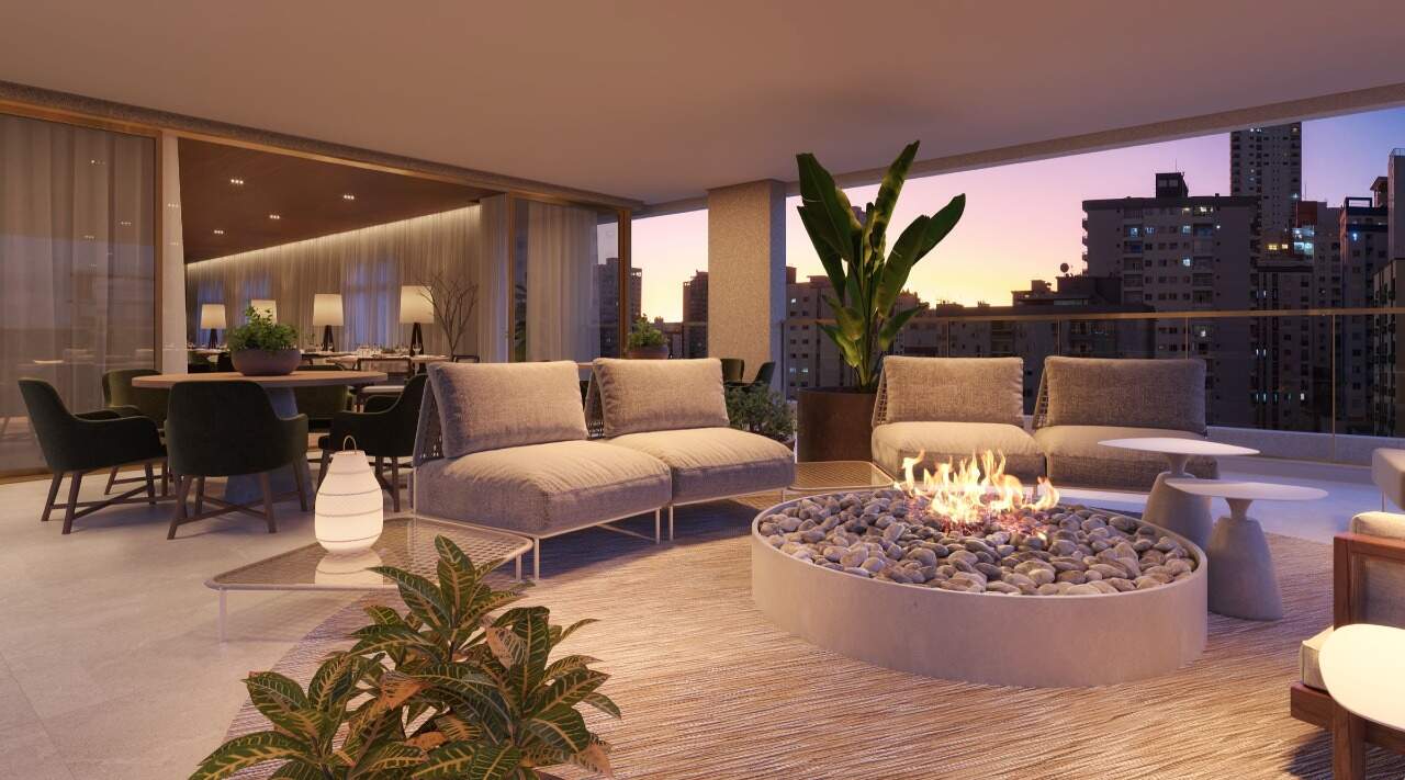 Apartamento diferenciado à venda no Centro: Varanda com estar e mesa de fogo no lazer do Marena (imagem ilustrativa)