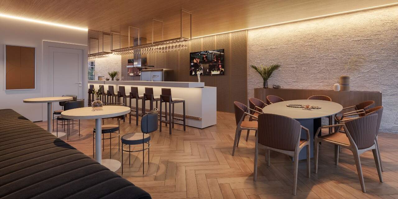 Apartamento diferenciado à venda no Centro: Bar com banquetas e mesas no lazer do Marena (imagem ilustrativa)