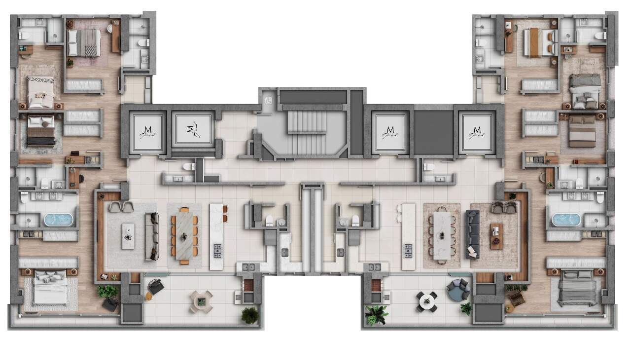 Apartamento à venda no Centro: Planta do pavimento Tipo B, com os dois apartamentos de 225 m² do andar