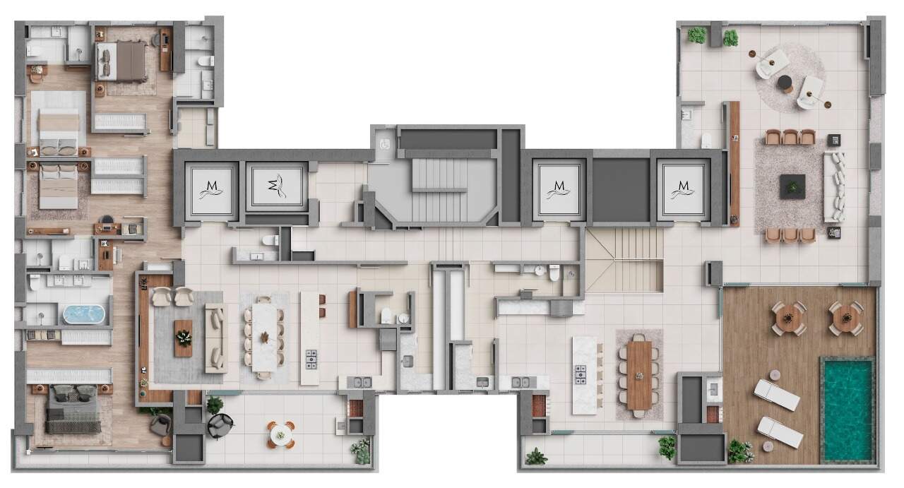Cobertura à venda no Centro: Planta do pavimento superior da cobertura, com living, cozinha e terraço com piscina