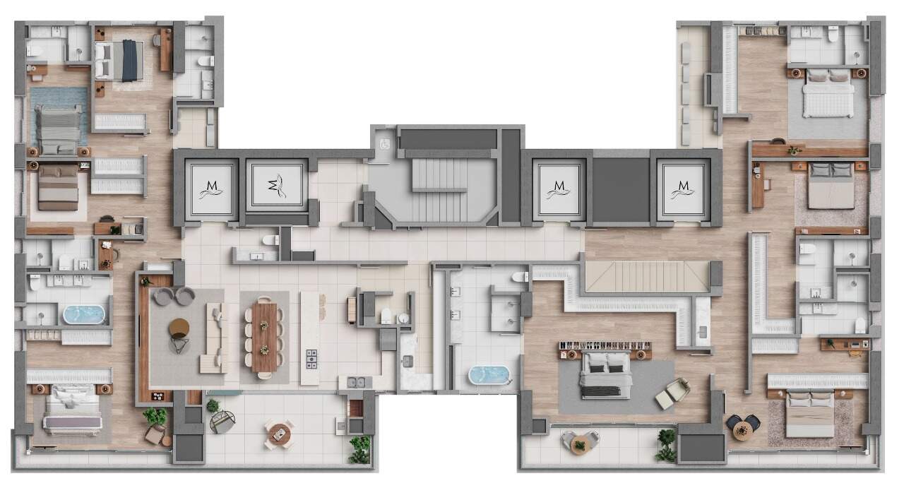 Cobertura à venda no Centro: Planta do pavimento inferior: a cobertura duplex é a da direita, com as quatro suítes