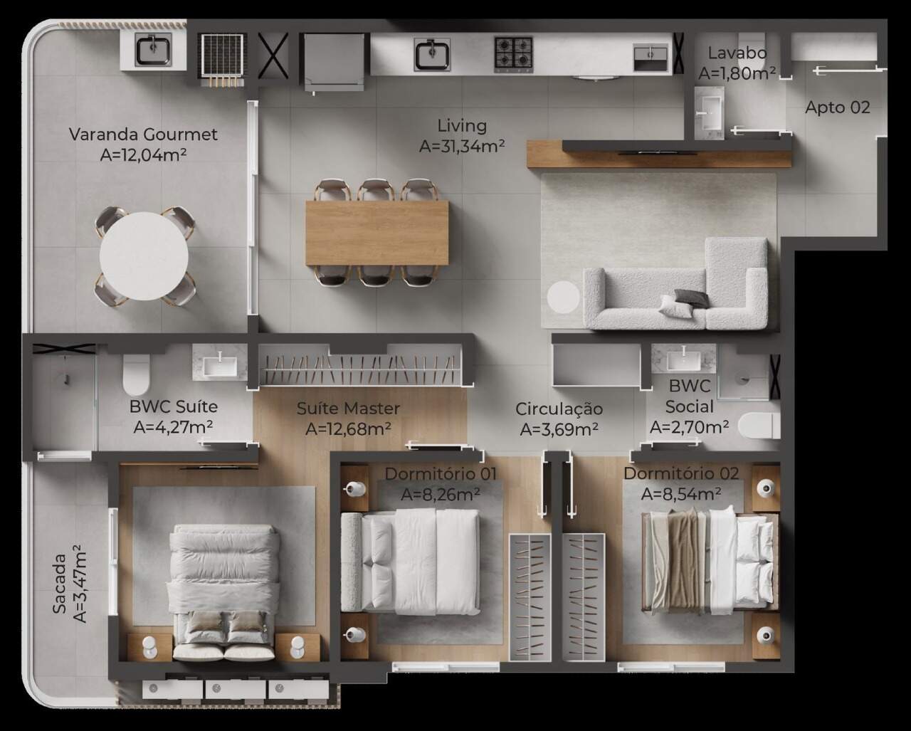 Apartamento à venda no Centro: Planta do final 02: 103 m², suíte, 2 dormitórios e varanda gourmet de 12,04 m²