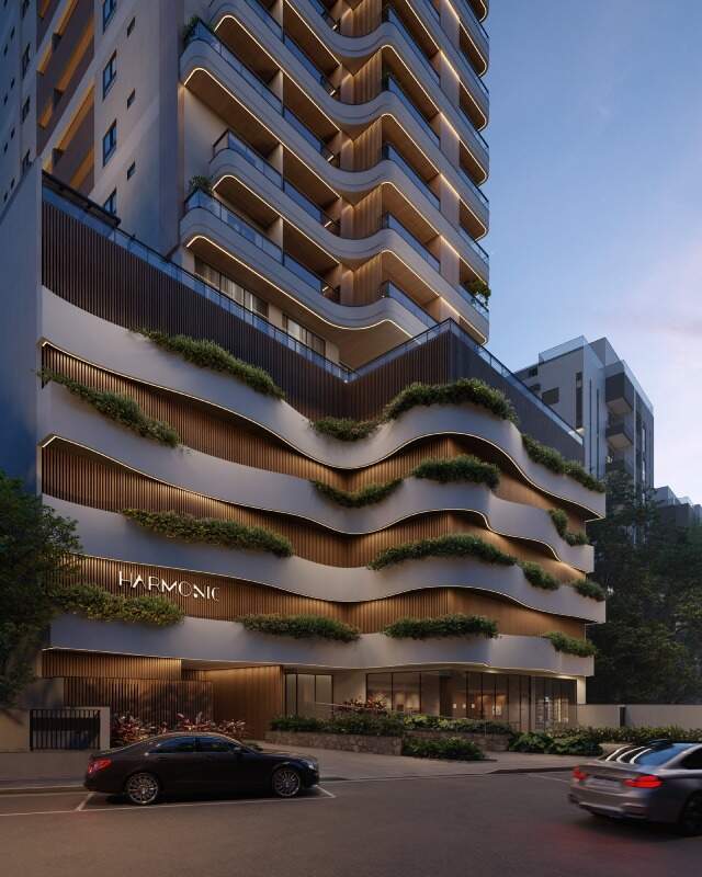 Apartamento à venda no Centro: Embasamento com floreiras onduladas e acesso pela Rua Camboriú (imagem ilustrativa)