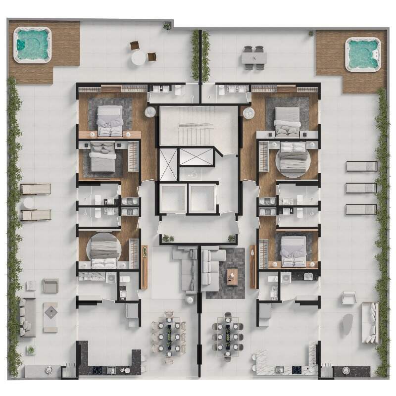 Apartamento diferenciado à venda no Centro: Planta do pavimento dos diferenciados do NF Reference, finais 1 e 2; este anúncio é o final 1