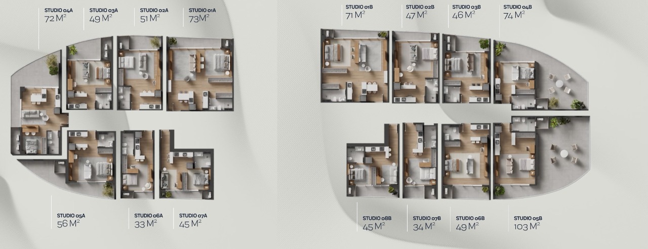 Apartamento à venda no Praia Brava: Planta do pavimento tipo 2 diferenciado, com studios de 33 a 103 m²