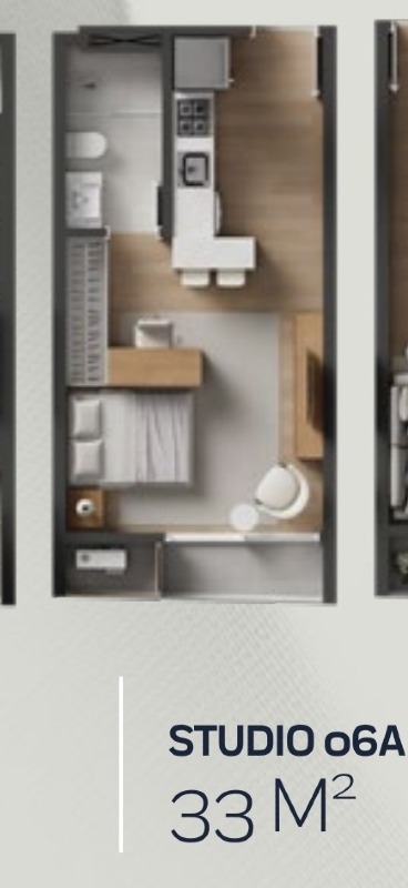 Apartamento à venda no Praia Brava: Planta do studio final 06A de 33,69 m², com cozinha, banheiro e sacada