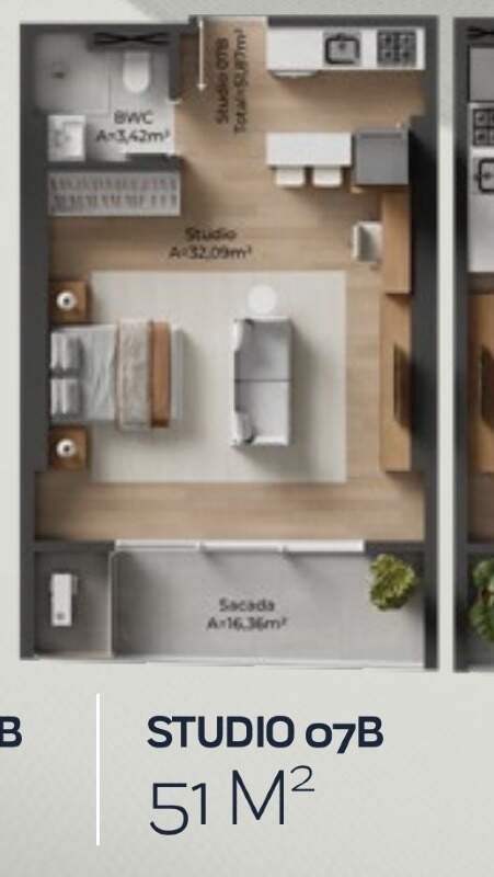 Apartamento à venda no Praia Brava: Planta do studio final 07B de 51,87 m², com sacada de 16,36 m²
