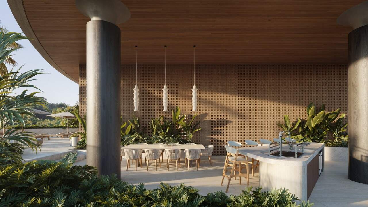 Apartamento à venda no Praia Brava: Gourmet externo com mesa longa e cozinha (imagem ilustrativa)