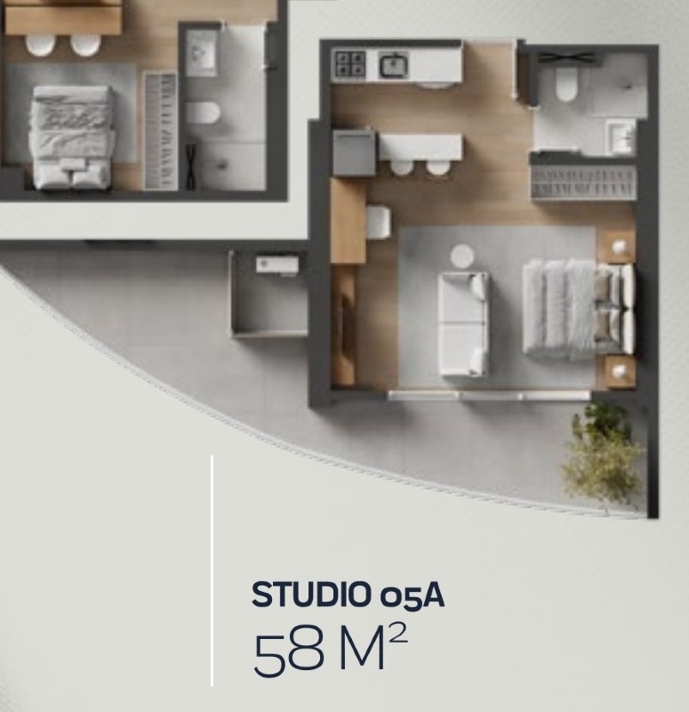 Apartamento à venda no Praia Brava: Planta do studio final 05A de 58,55 m², com sacada de canto de 22,58 m²
