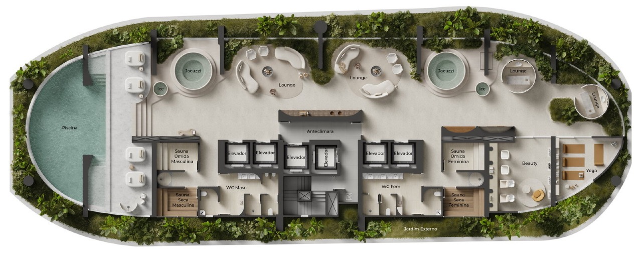 Apartamento à venda no Praia Brava: Planta do spa suspenso: piscina aquecida, saunas, hidro, beauty, yoga e massagem
