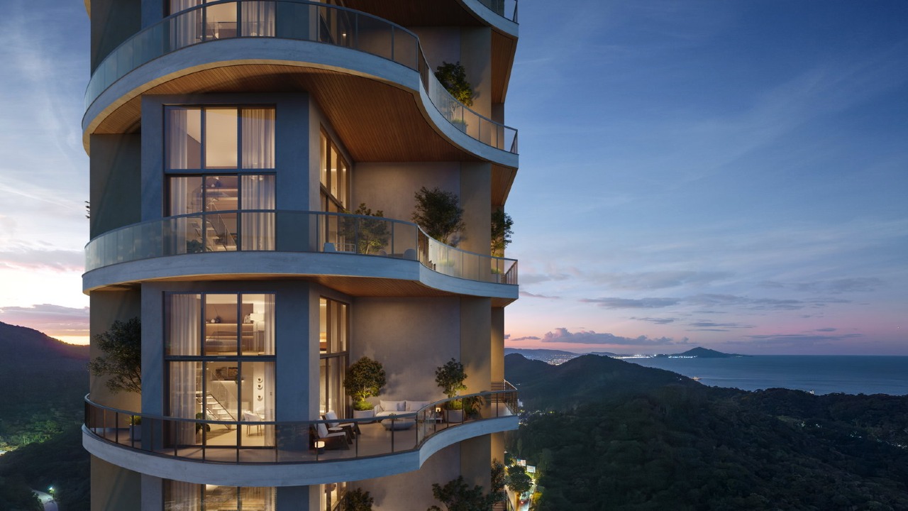 Apartamento à venda no Praia Brava: Sacadas curvas na ponta da torre, ao entardecer (imagem ilustrativa)