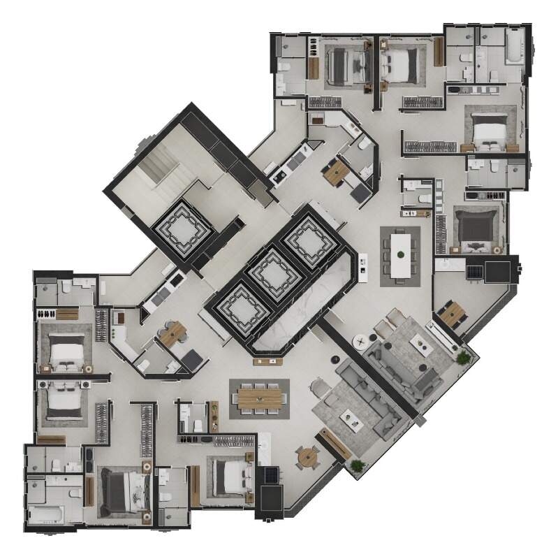 Apartamento à venda no Centro: Planta do andar tipo, com os dois apartamentos de 182 m² e 4 suítes espelhados (imagem ilustrativa)