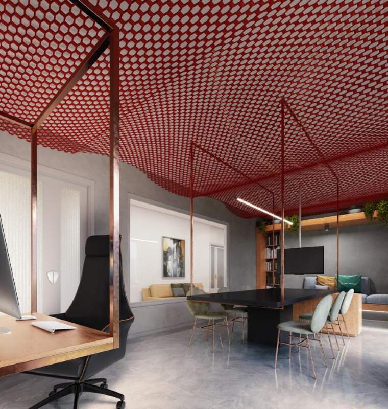 Apartamento à venda no Barra Sul: Coworking com teto vermelho e mesa de reunião (imagem ilustrativa)