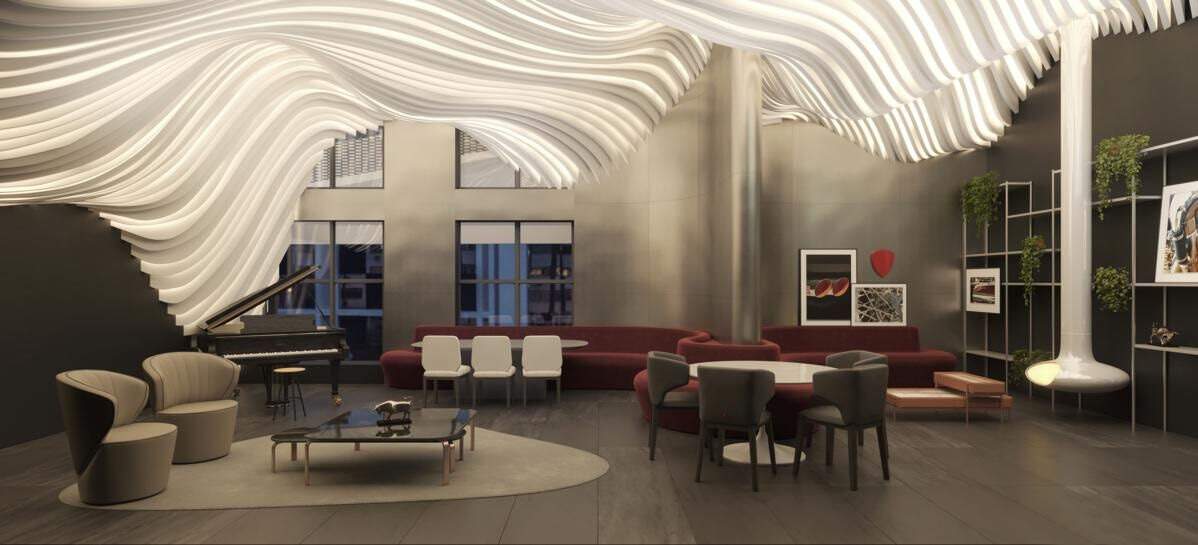 Apartamento à venda no Barra Sul: Lounge com piano e lareira no mezanino do hall (imagem ilustrativa)