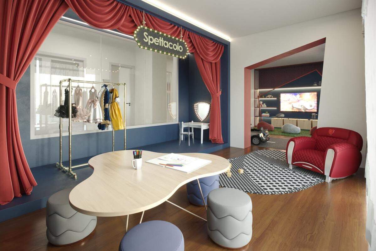 Apartamento à venda no Barra Sul: Brinquedoteca com palco e cortinas de teatro (imagem ilustrativa)
