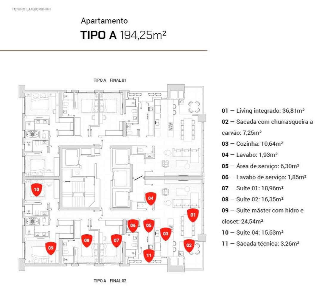 Apartamento à venda no Barra Sul: Planta do tipo A, 194,25 m² e 4 suítes: o final 01 é a metade de cima, espelhada