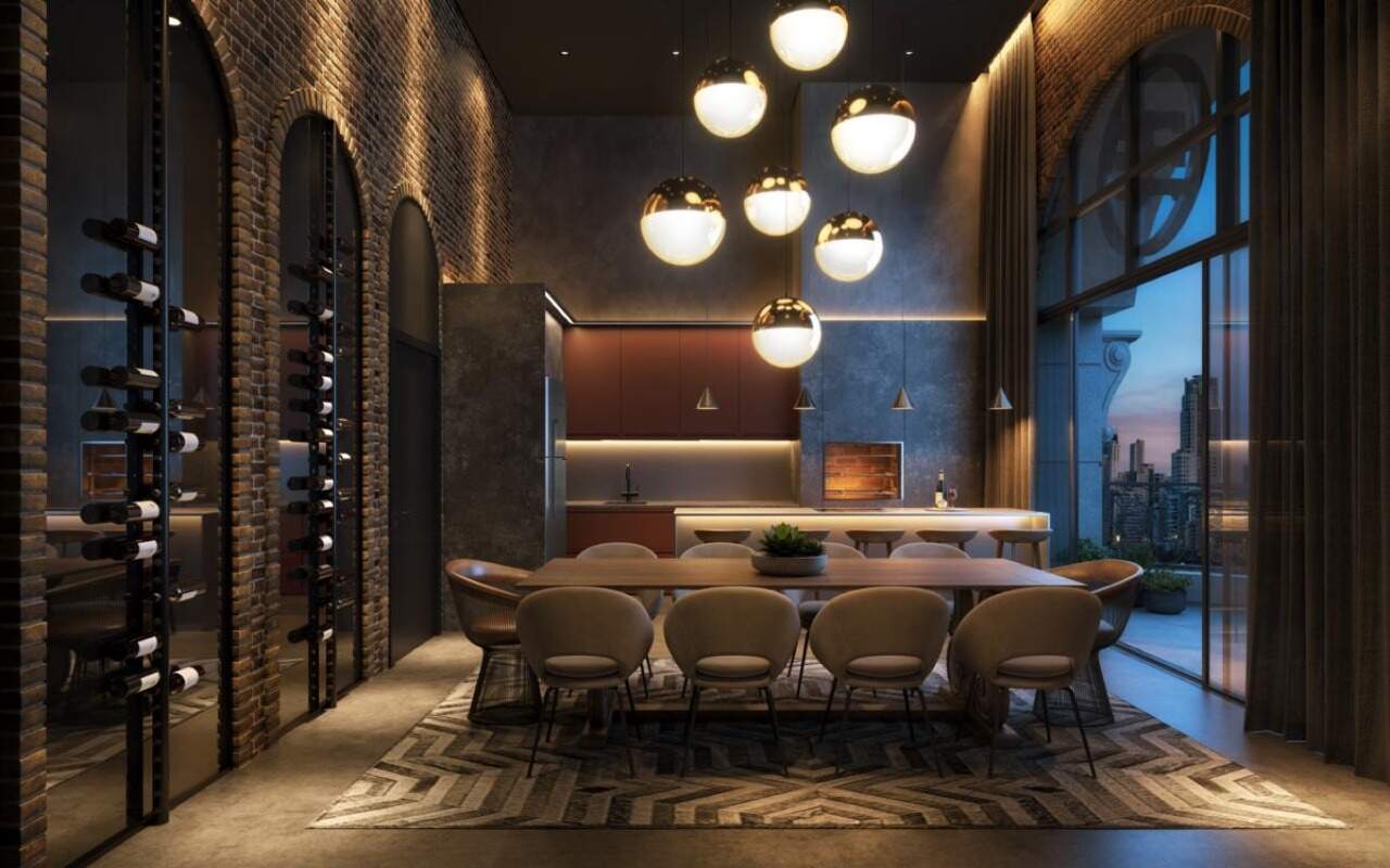 Apartamento à venda no Pioneiros: Cave gourmet com adega envidraçada e mesa de jantar (imagem ilustrativa)