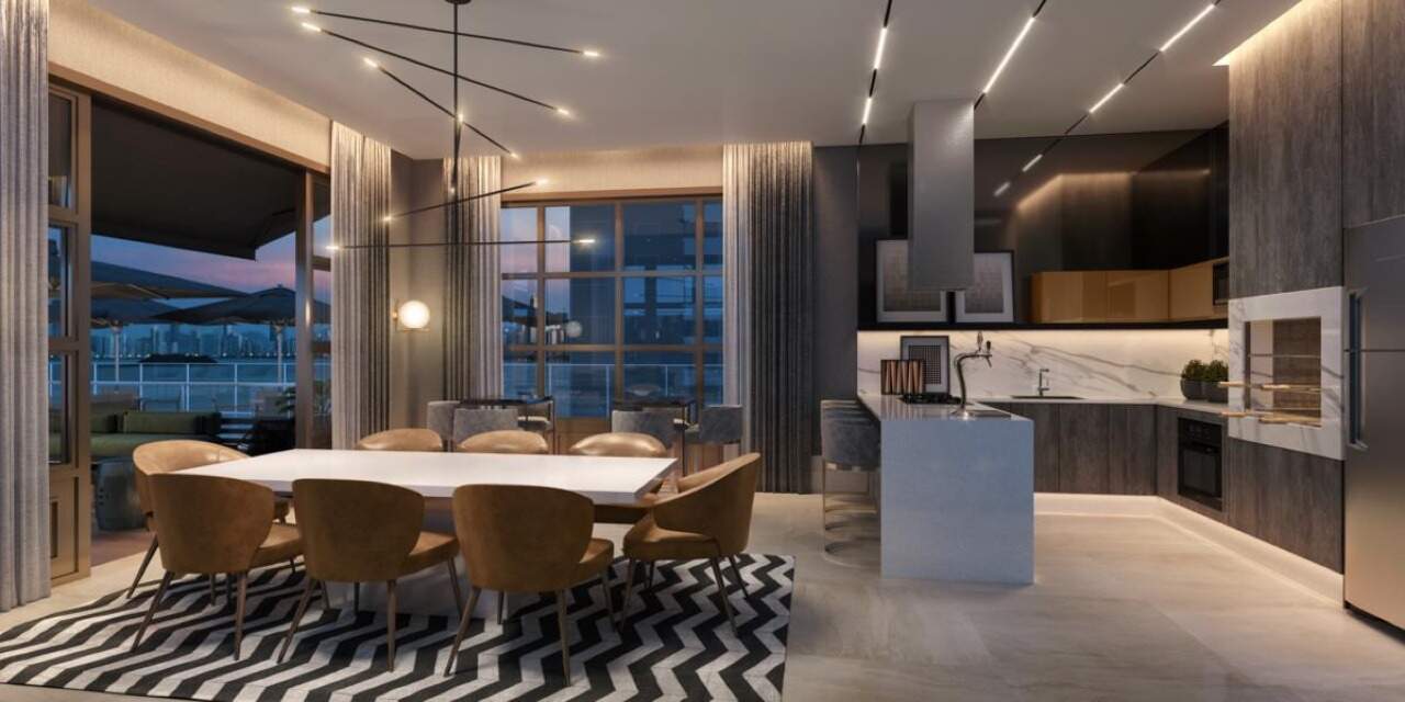 Apartamento à venda no Pioneiros: Espaço grill com churrasqueira a carvão, ilha e mesa para oito (imagem ilustrativa)