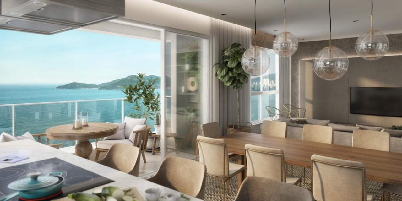 Apartamento à venda no Pioneiros: Jantar e living abertos para a sacada com vista para o mar (imagem ilustrativa)