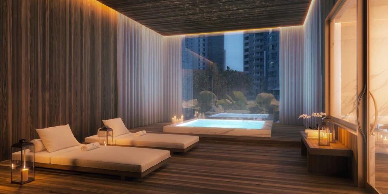 Apartamento à venda no Pioneiros: Spa com hidromassagem e espreguiçadeiras de descanso (imagem ilustrativa)