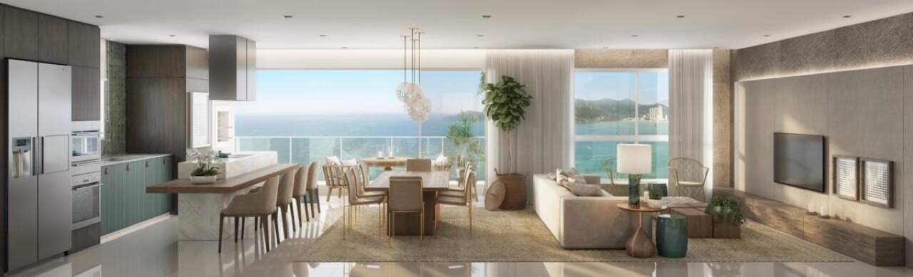 Apartamento à venda no Pioneiros: Cozinha, jantar e living integrados, com janelas para o mar (imagem ilustrativa)