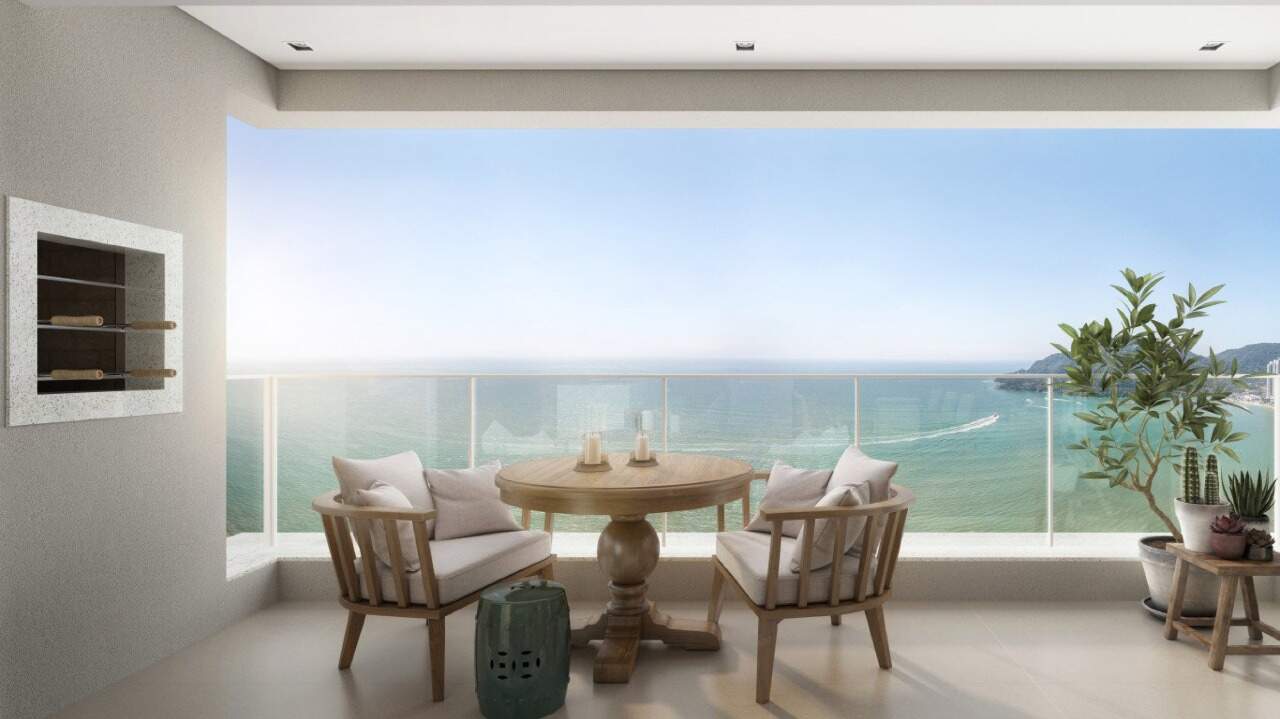 Apartamento à venda no Pioneiros: Sacada com churrasqueira e vista para o mar de Balneário Camboriú (imagem ilustrativa)