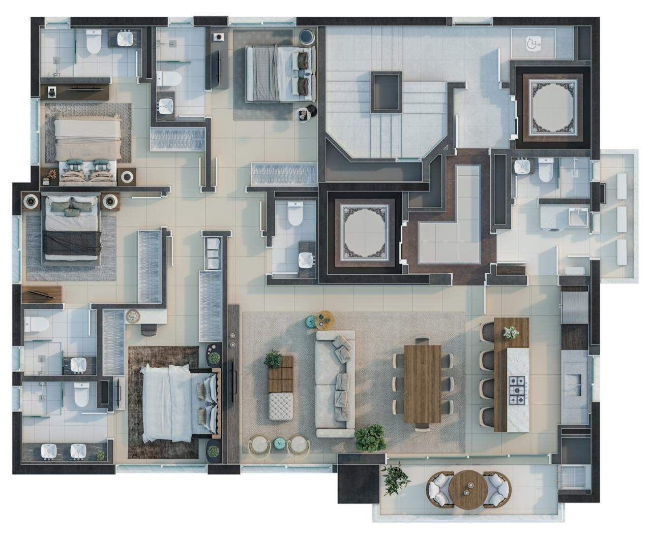 Apartamento à venda no Pioneiros: Planta humanizada do tipo: living com cozinha de ilha, sacada e 4 suítes (imagem ilustrativa)