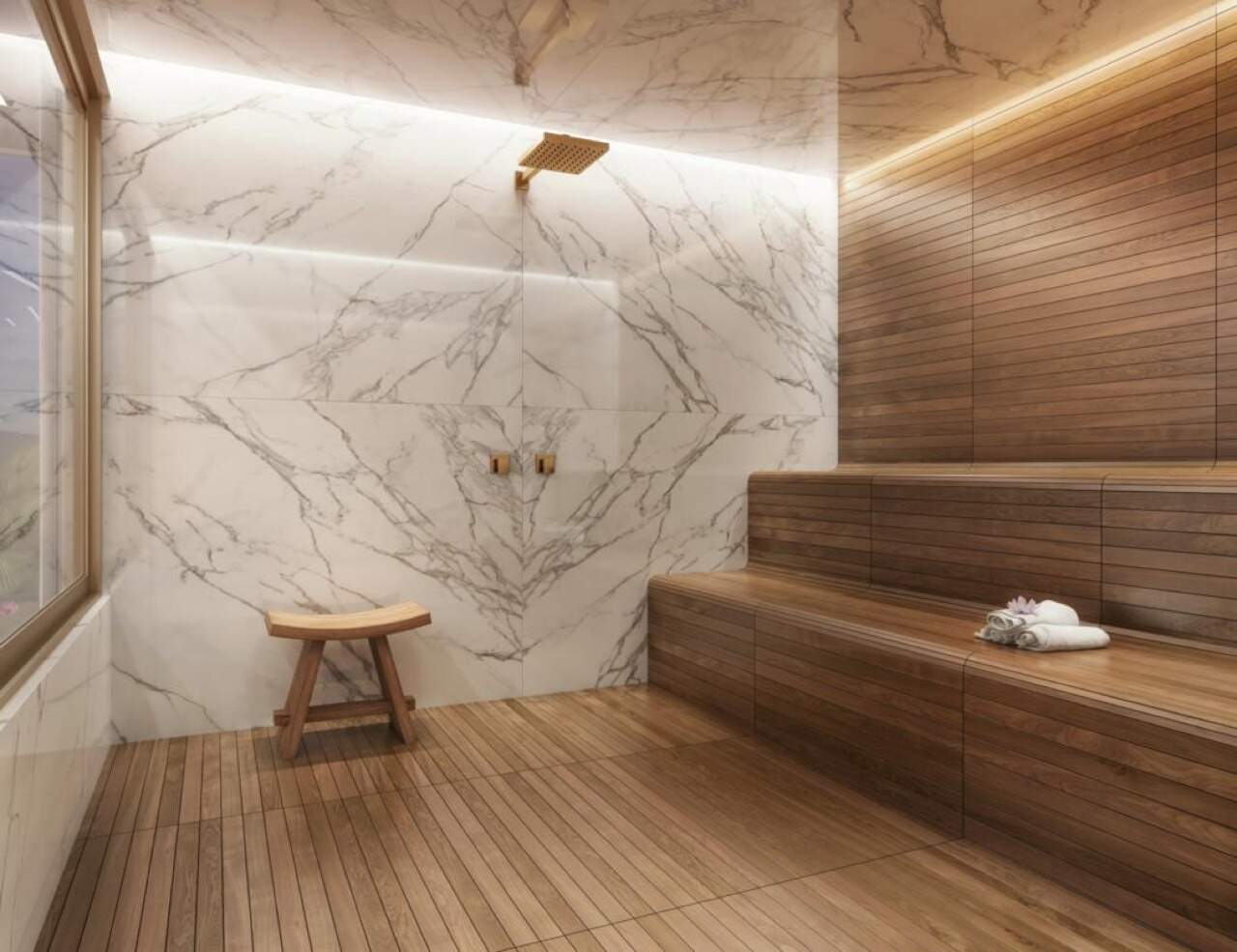 Apartamento à venda no Pioneiros: Sauna úmida revestida de mármore e madeira (imagem ilustrativa)