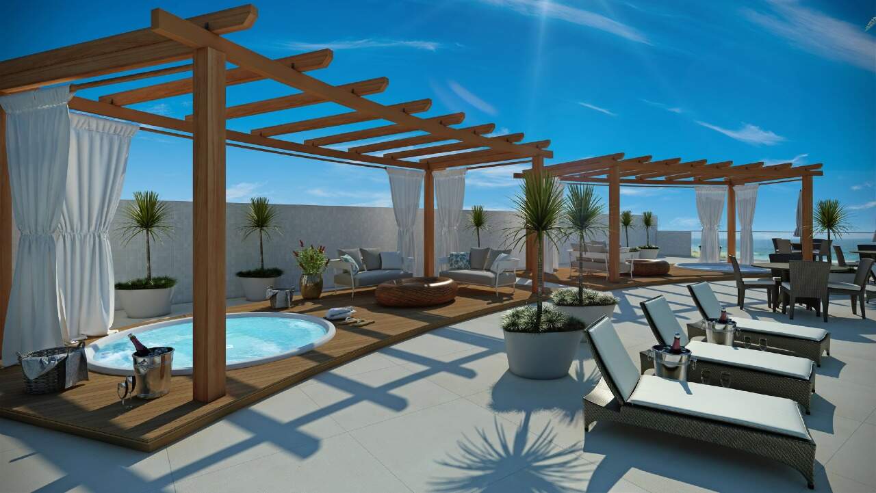 Apartamento à venda no Barra Sul: Spa com hidromassagem sob pergolado e espreguiçadeiras (imagem ilustrativa)