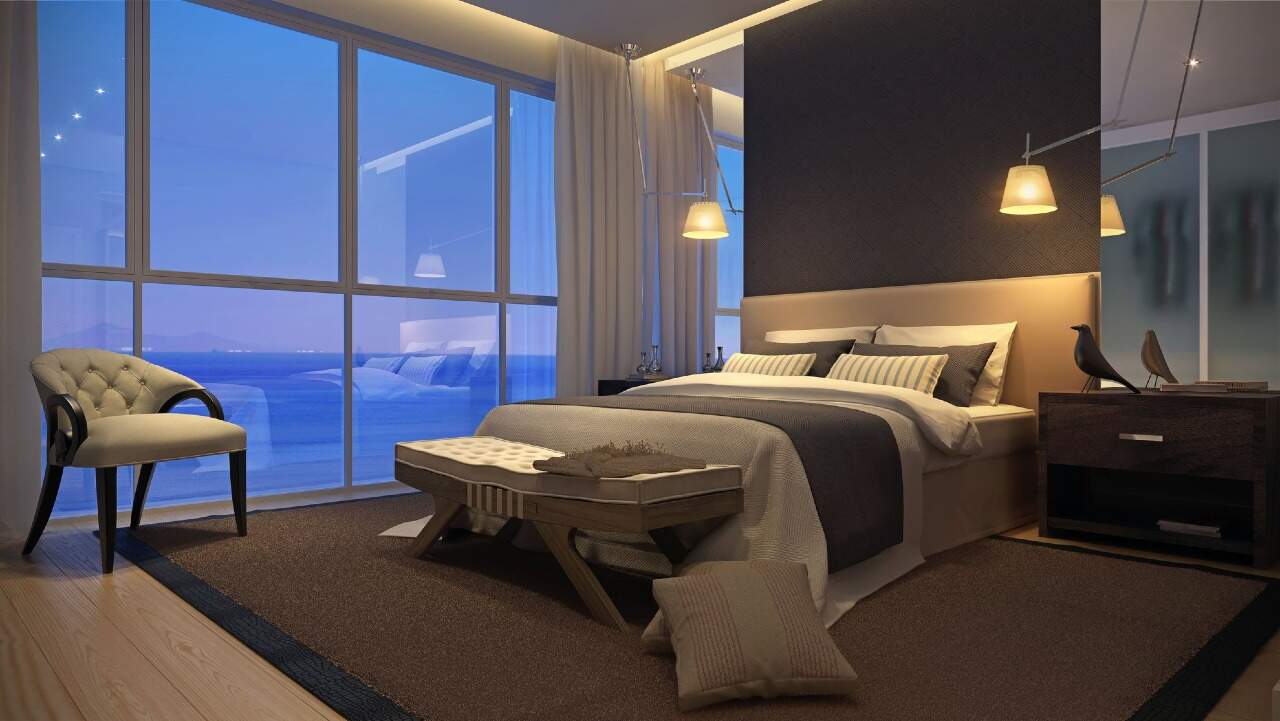 Apartamento à venda no Barra Sul: Suíte com janelas do piso ao teto voltadas para o mar (imagem ilustrativa)