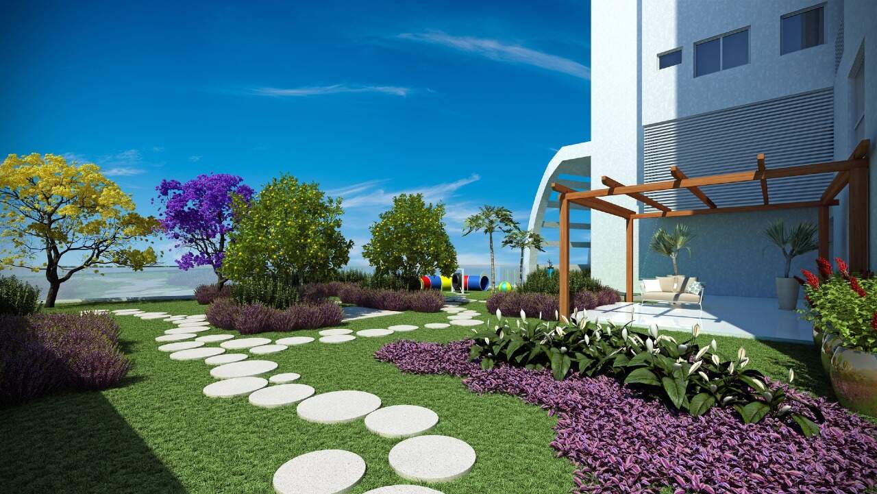 Apartamento à venda no Barra Sul: Jardim com caminho de pedras e pergolado (imagem ilustrativa)