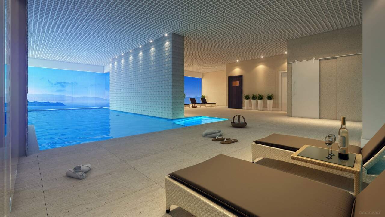 Apartamento à venda no Barra Sul: Piscina coberta e aquecida com espreguiçadeiras (imagem ilustrativa)