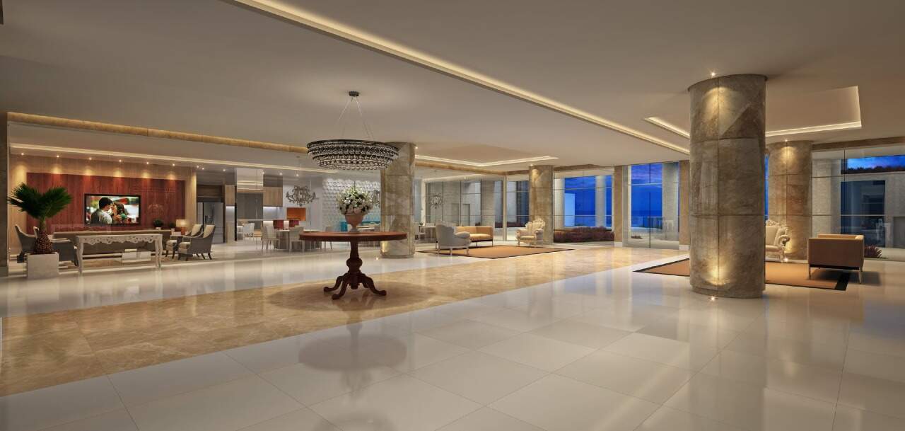 Apartamento à venda no Barra Sul: Hall de entrada com pé-direito alto e pilares revestidos (imagem ilustrativa)