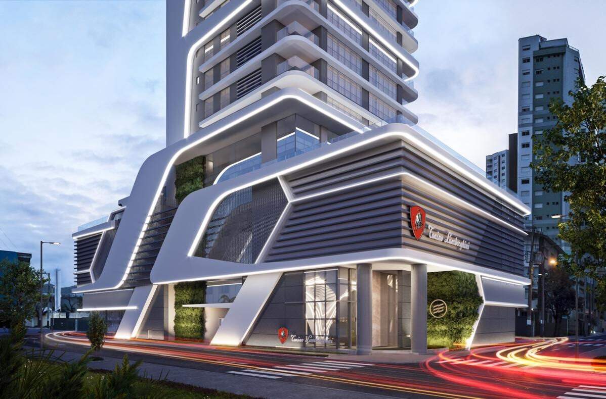 Apartamento à venda no Barra Sul: Embasamento do Tonino Lamborghini Residences com a marca na fachada (imagem ilustrativa)