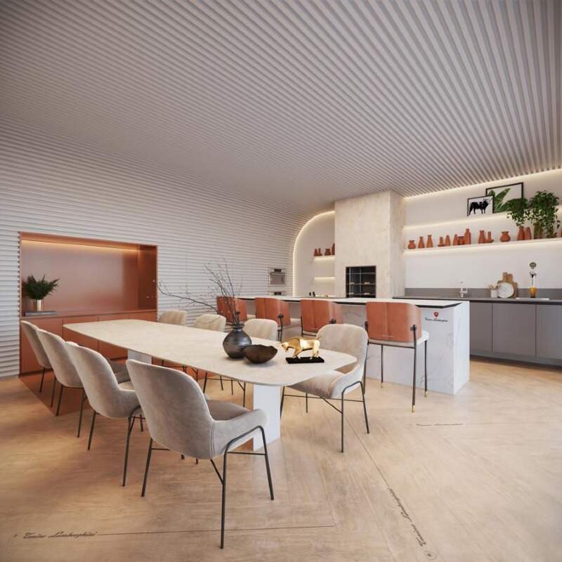 Apartamento à venda no Barra Sul: Espaço gourmet com mesa longa e cozinha equipada (imagem ilustrativa)