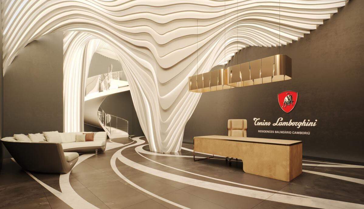 Apartamento à venda no Barra Sul: Hall de entrada com ondas de gesso e balcão de recepção (imagem ilustrativa)
