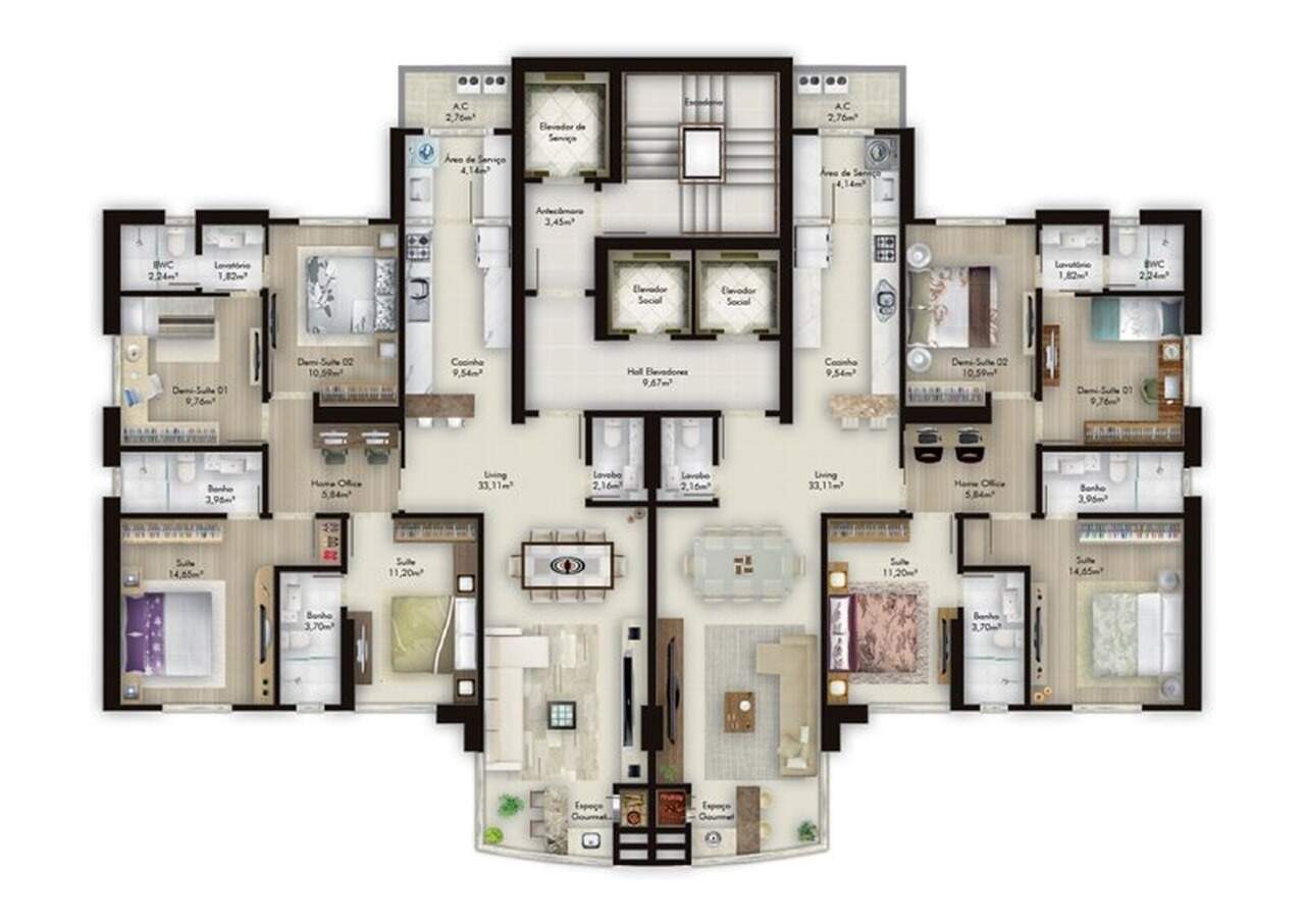 Apartamento à venda no Pioneiros: Planta do pavimento tipo do Império das Ondas: dois apartamentos espelhados de 4 dormitórios