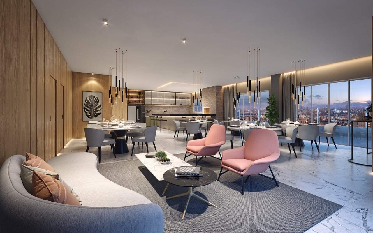 Apartamento à venda no Centro: Salão de festas com lounge, mesas e bar (imagem ilustrativa)