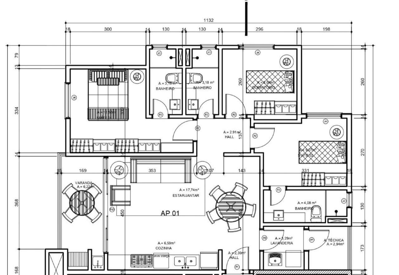 Apartamento à venda no Centro: Planta do final 01 no projeto: 3 dormitórios, 2 suítes, estar e jantar, varanda e cozinha