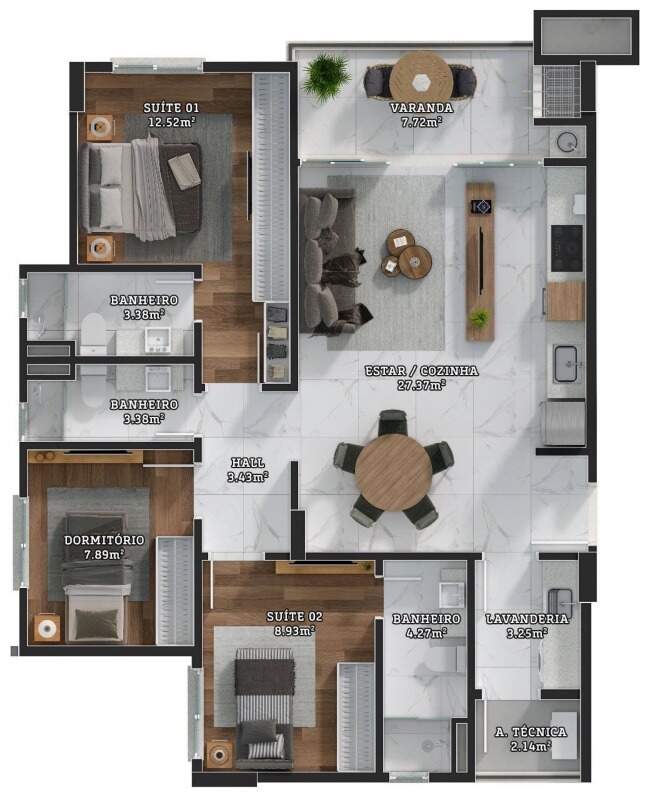 Apartamento à venda no Centro: Planta humanizada de 95,5 m² da Mussi, no desenho do final 04, espelhado em relação ao 01