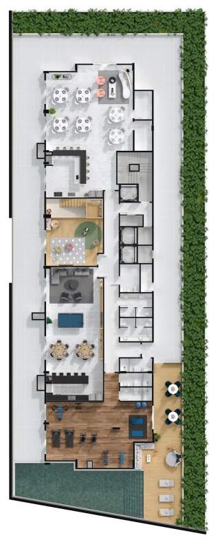 Apartamento à venda no Centro: Planta humanizada do pavimento de lazer, com piscina, academia e salões (imagem ilustrativa)