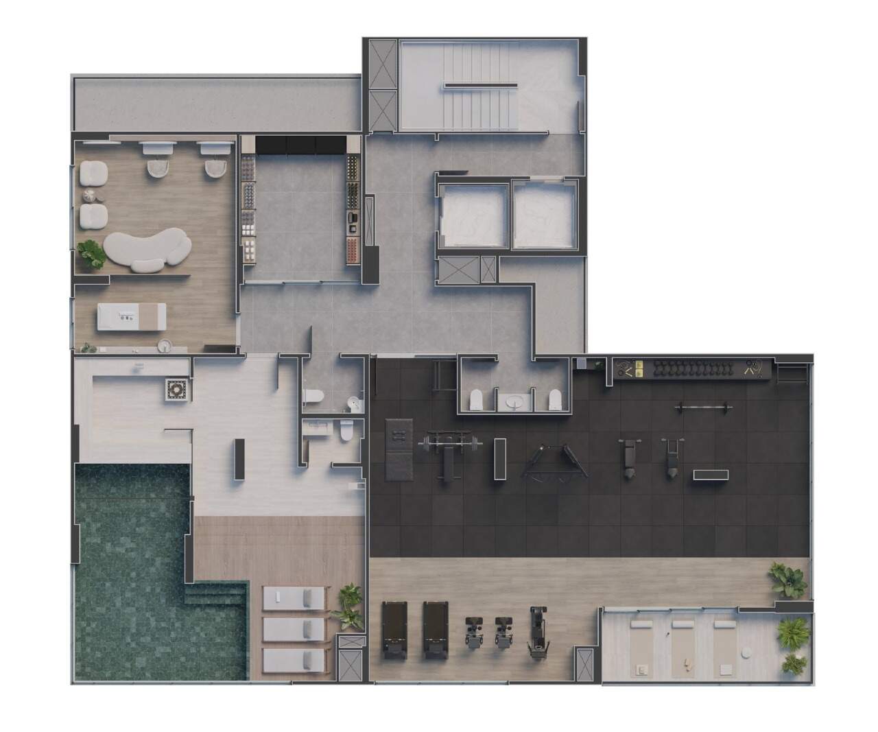 Apartamento à venda no Centro: Planta do pavimento de lazer Avenue Relax, com academia, spa e sauna