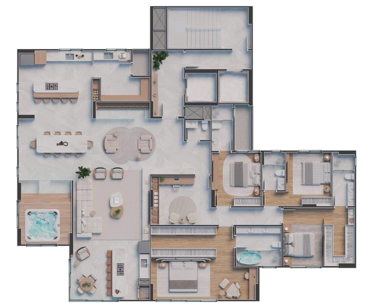 Apartamento à venda no Centro: Planta do apartamento de 270 m² que ocupa o andar inteiro, com deck e hidromassagem