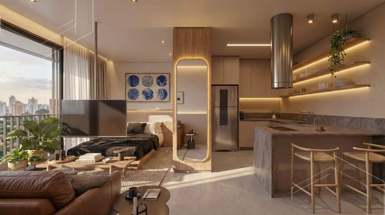 Apartamento à venda no Fazenda: Cozinha com ilha em studio decorado do West Line (imagem ilustrativa)
