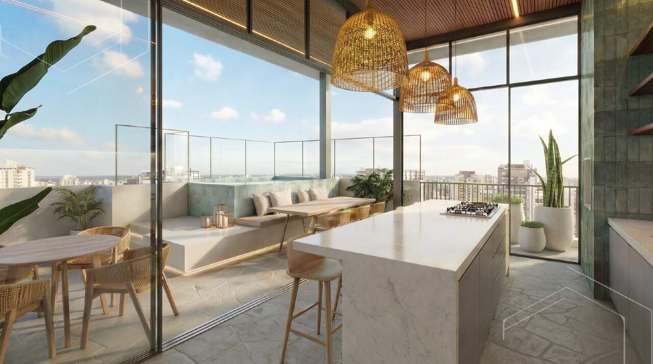 Apartamento à venda no Fazenda: Espaço gourmet do rooftop com cooktop em ilha (imagem ilustrativa)