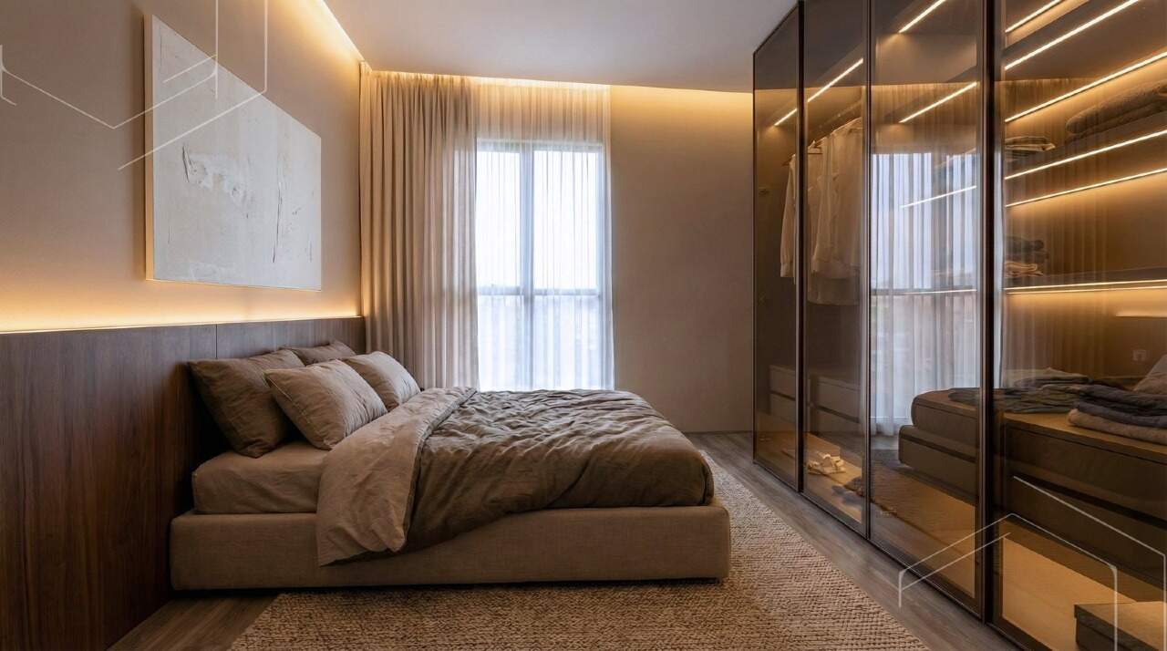 Apartamento à venda no Fazenda: Suíte com armários de vidro no apartamento de 2 suítes (imagem ilustrativa)