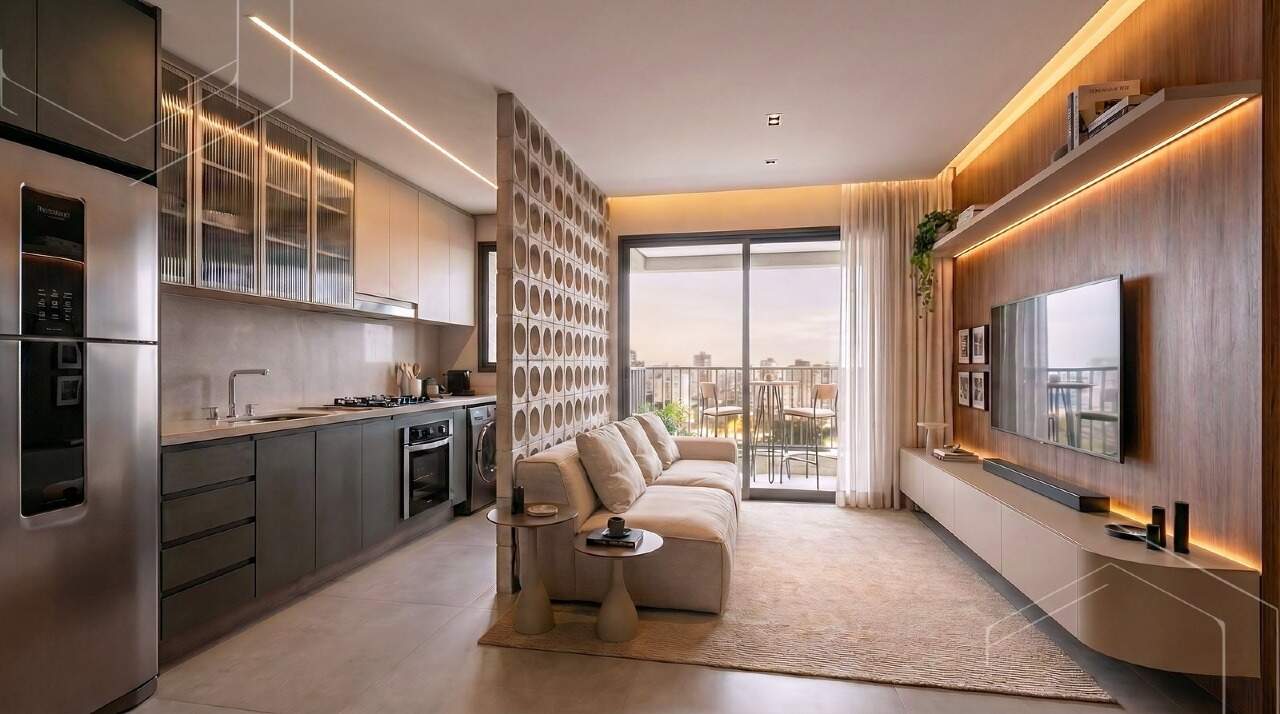 Apartamento à venda no Fazenda: Living integrado à cozinha, com cobogó, no apartamento de 2 suítes (imagem ilustrativa)