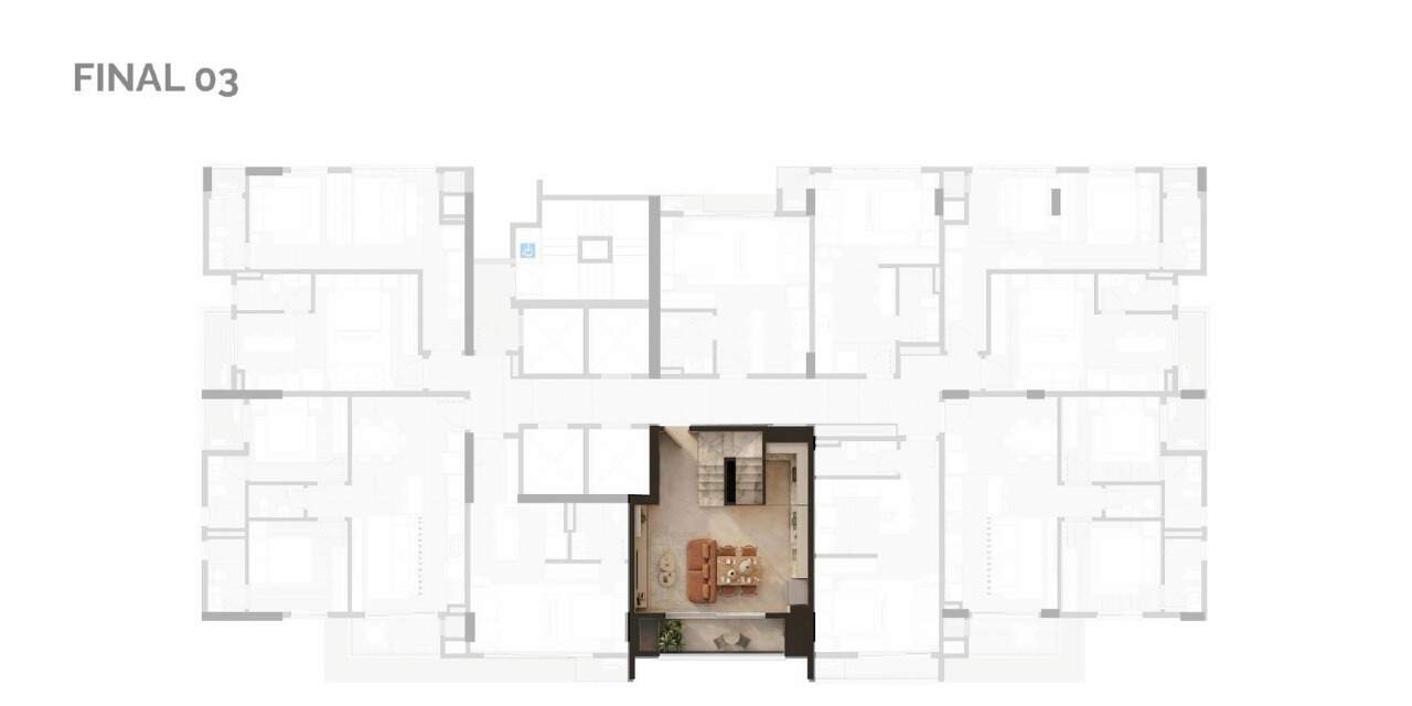 Apartamento diferenciado à venda no Fazenda: Posição do duplex final 03 no meio do pavimento tipo, na face da rua