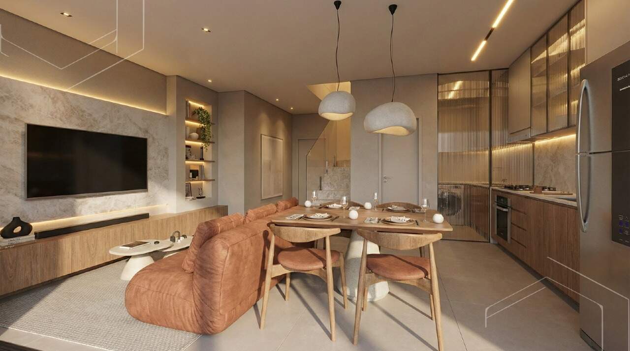 Apartamento diferenciado à venda no Fazenda: Jantar e cozinha do duplex, com a escada ao fundo (imagem ilustrativa)